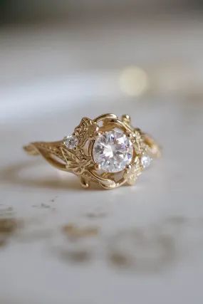 Moissanite engagement ring, gold leaves ring / Ivy Undina