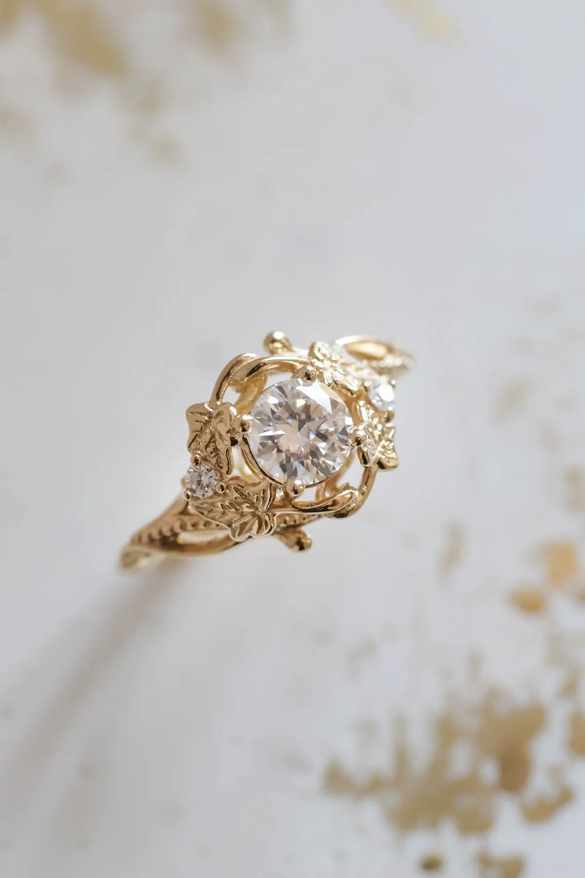 Moissanite engagement ring, gold leaves ring / Ivy Undina