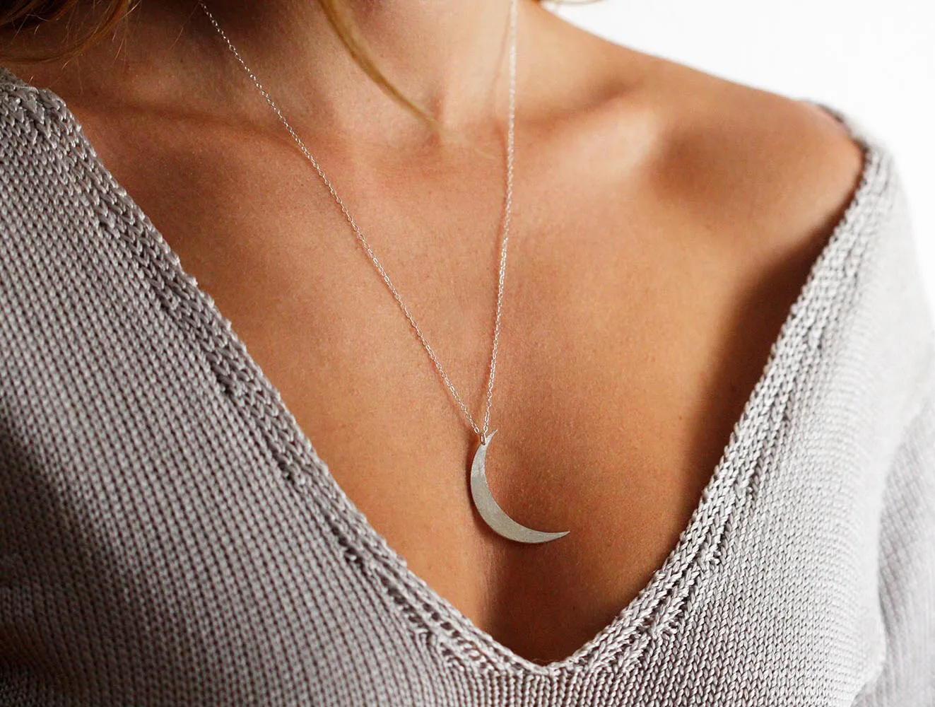 Moon Necklace, Silver Crescent Necklace, Half Moon Necklace, Large Charm Boho Necklace