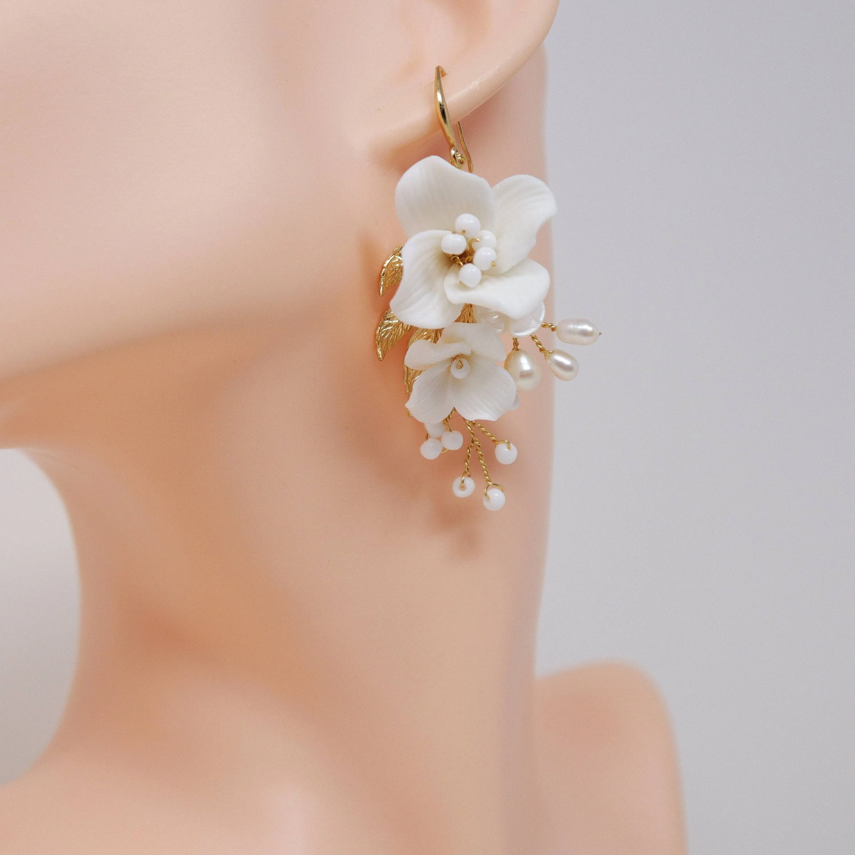 Natural Cultured Freshwater Pearl White Flower Earrings, Long Bridal Jewelry Crystal Bridal Earrings Statement Earrings