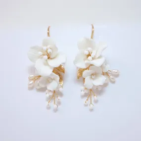 Natural Cultured Freshwater Pearl White Flower Earrings, Long Bridal Jewelry Crystal Bridal Earrings Statement Earrings