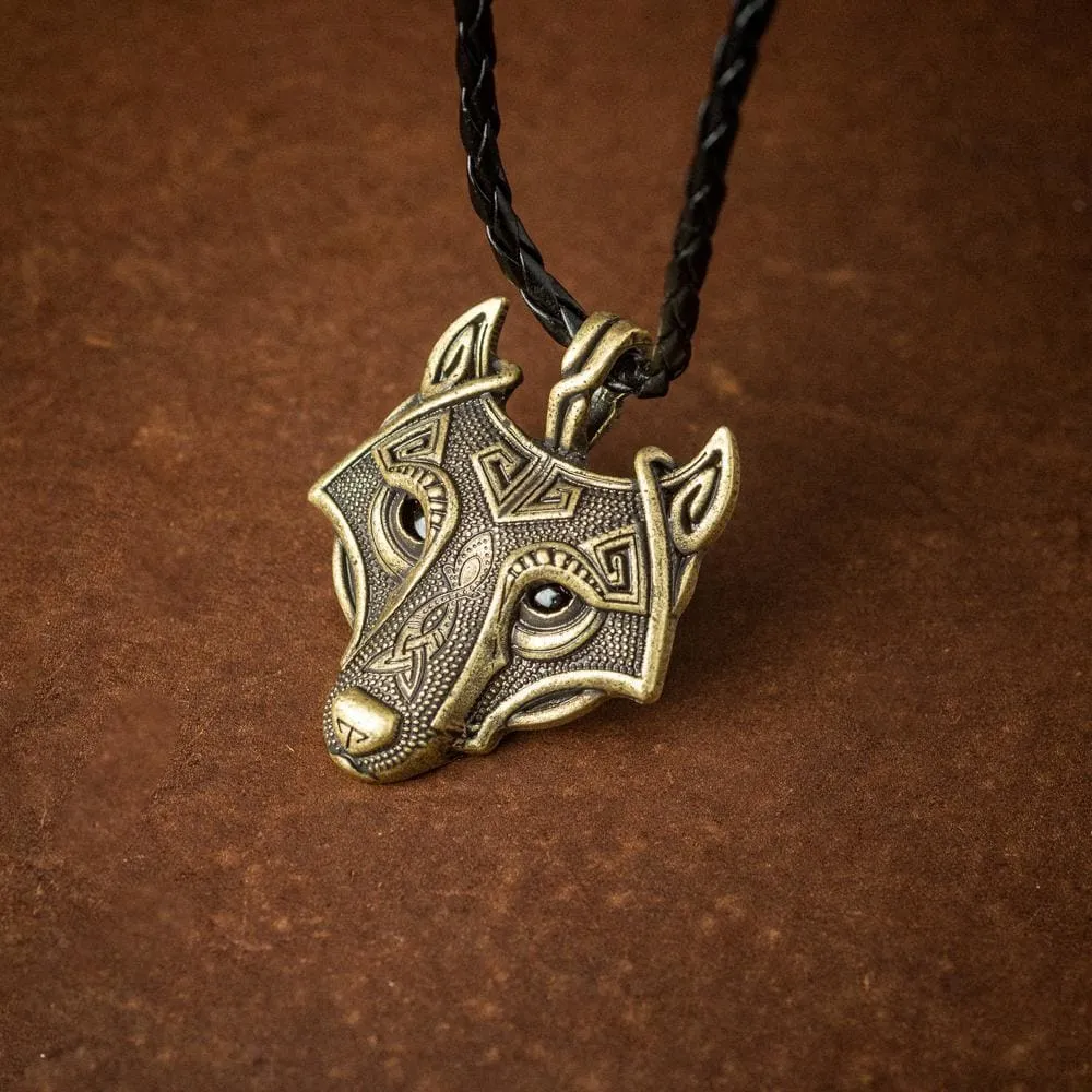 Norse Wolf Head Necklace - Leather Chain