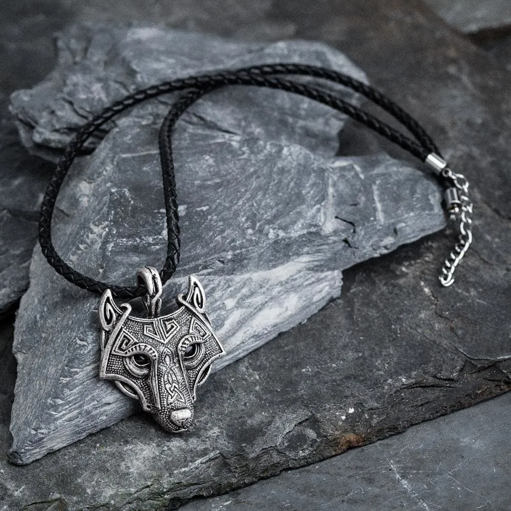 Norse Wolf Head Necklace - Leather Chain