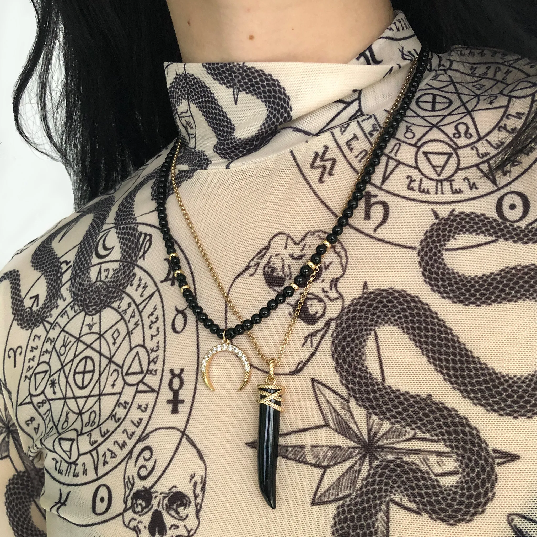 Obsidian Cornicello Pendant Necklace