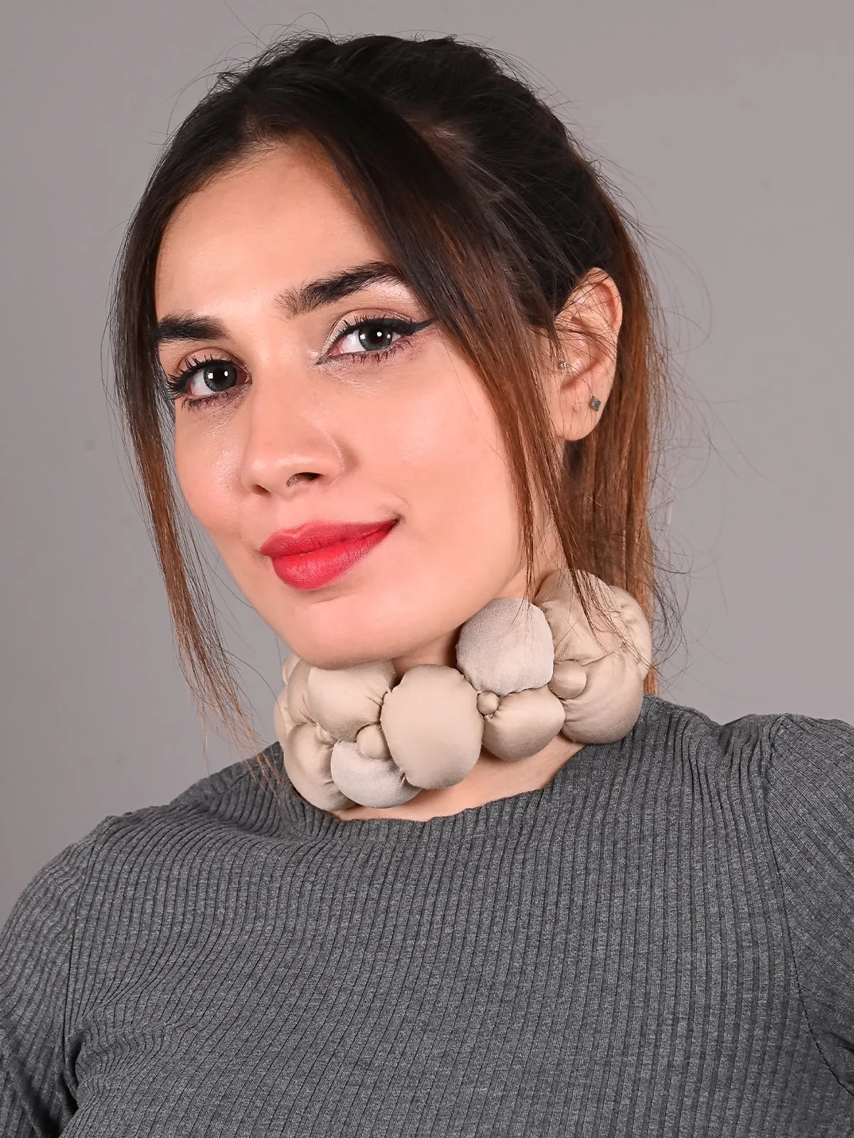 Odette Beige Stuffed Flower Fabric Choker Necklace for Women