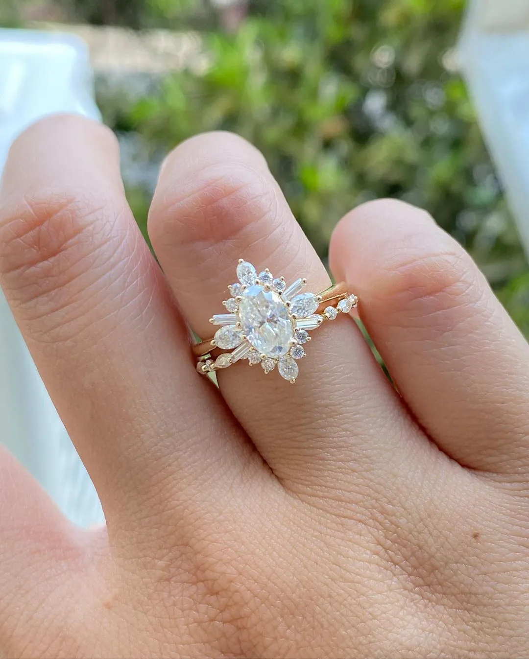 Oval Starburst Engagement Ring/ Floral Cluster Wedding Ring