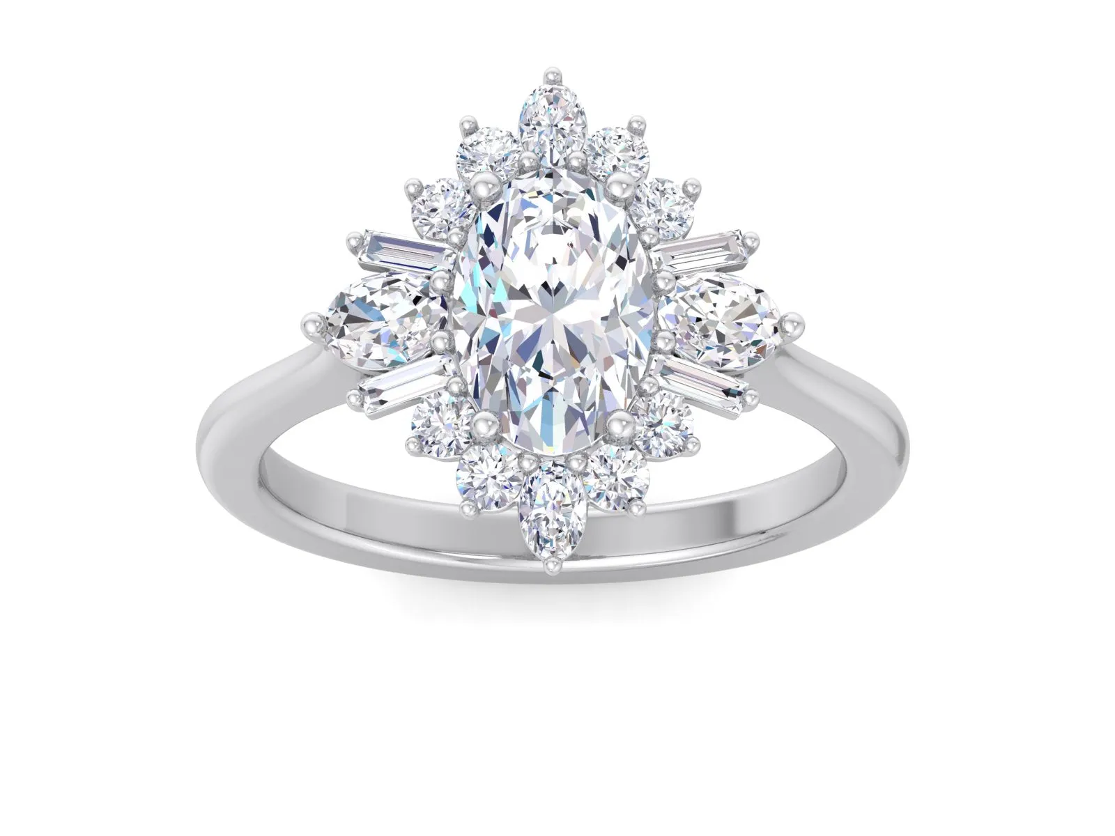 Oval Starburst Engagement Ring/ Floral Cluster Wedding Ring