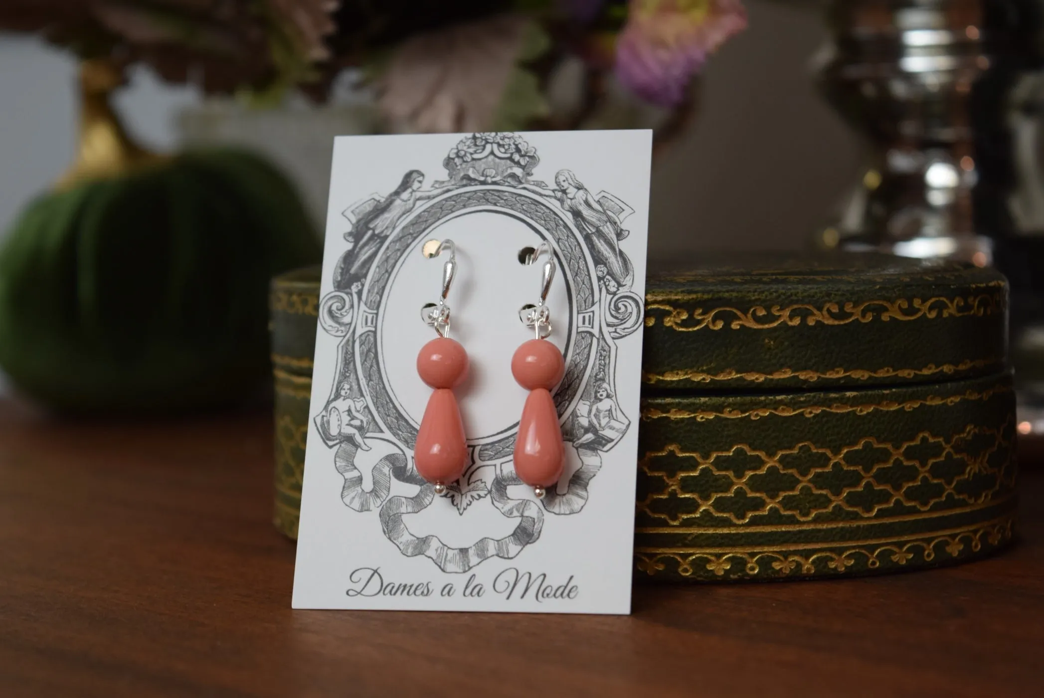 Pink Pearl Coral 2-stone teardrop earrings