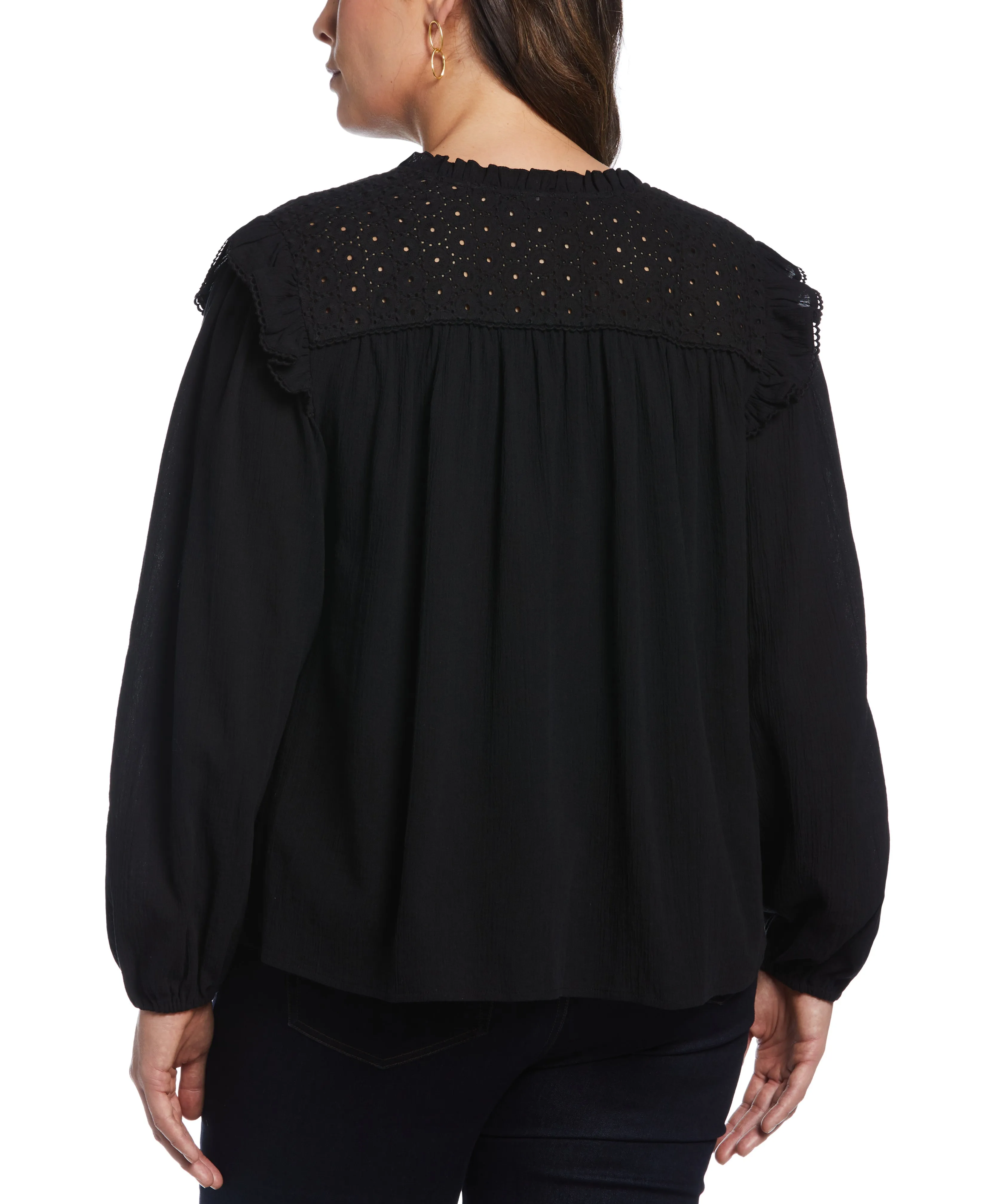 Plus Size Eyelet Yoke Ruffle Gauze Blouse