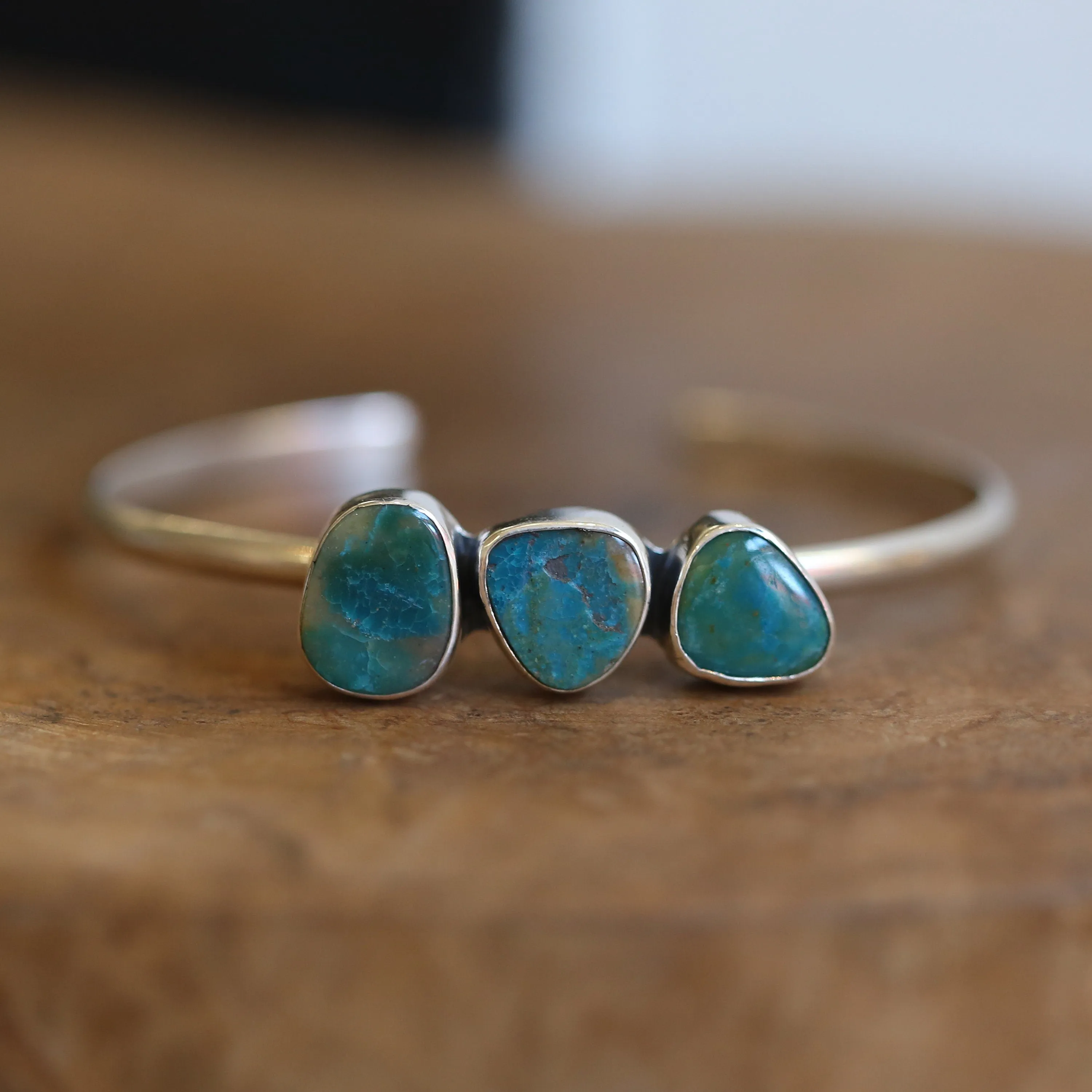 Ready to Ship - Opalina Cuff Bracelet - 3 Stone Opalized Chrysocolla Bracelet - Silversmith