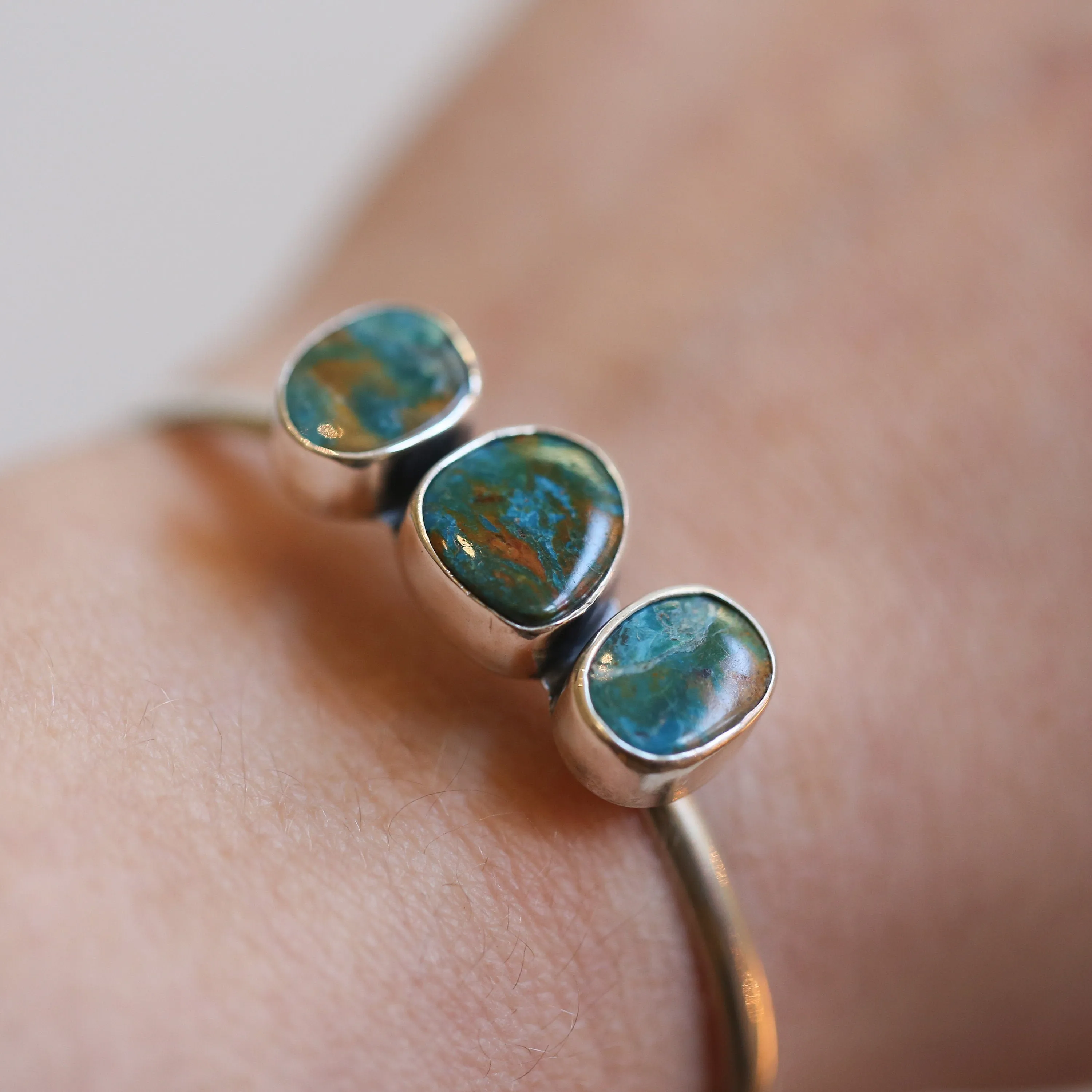 Ready to Ship - Opalina Cuff Bracelet - 3 Stone Opalized Chrysocolla Bracelet - Silversmith