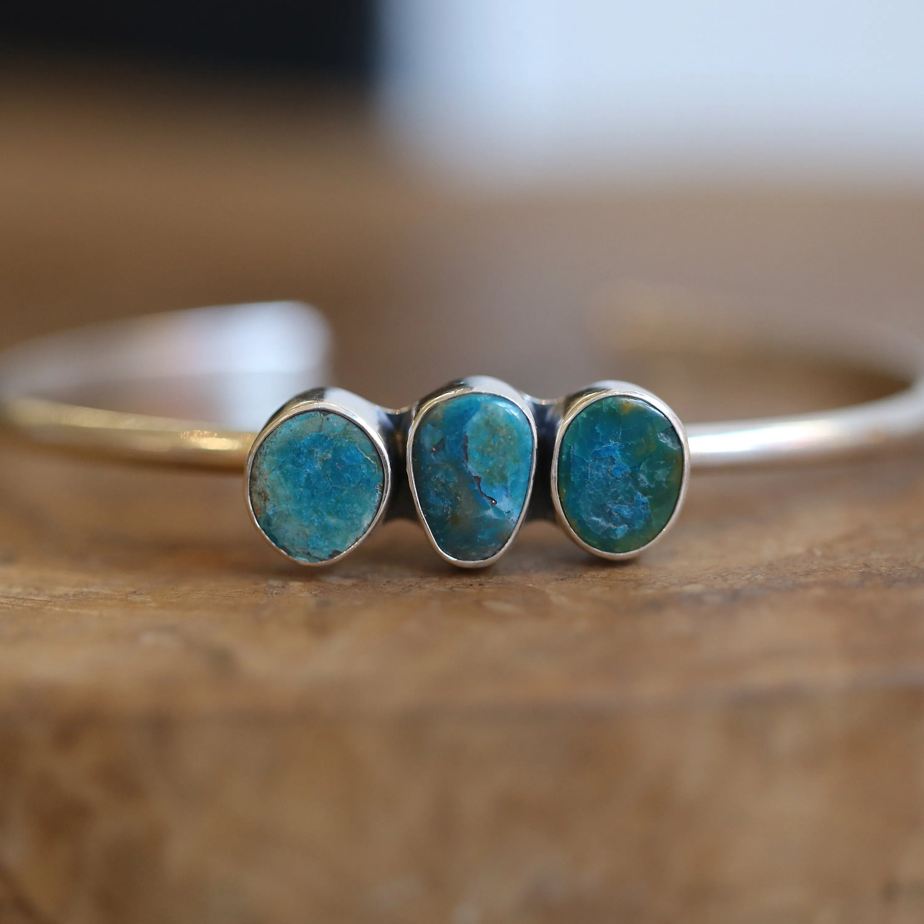 Ready to Ship - Opalina Cuff Bracelet - 3 Stone Opalized Chrysocolla Bracelet - Silversmith