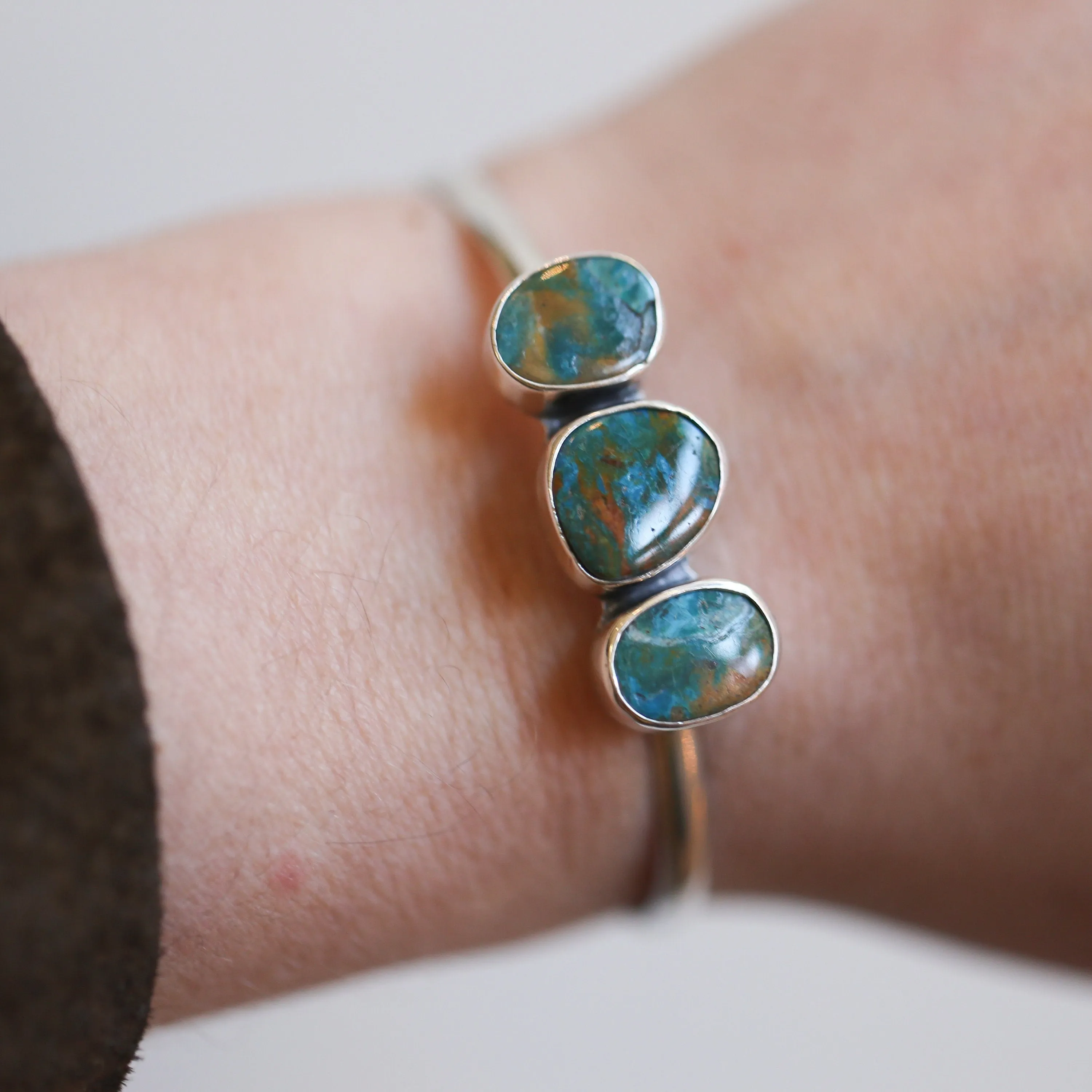 Ready to Ship - Opalina Cuff Bracelet - 3 Stone Opalized Chrysocolla Bracelet - Silversmith