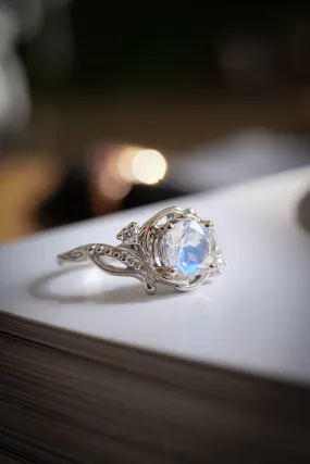 READY TO SHIP: Undina in 14K white gold, natural rainbow moonstone 6.5 mm, moissanites, RING SIZE 7 US