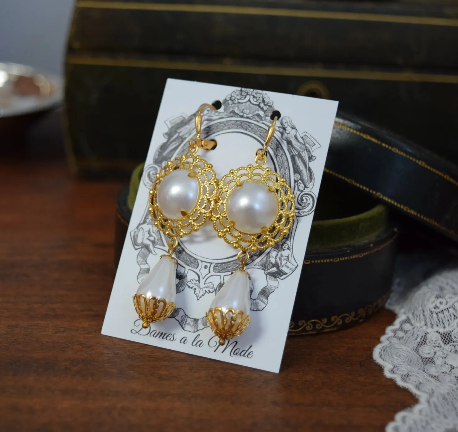 Renaissance Filigree and Pearl Dangle Earrings