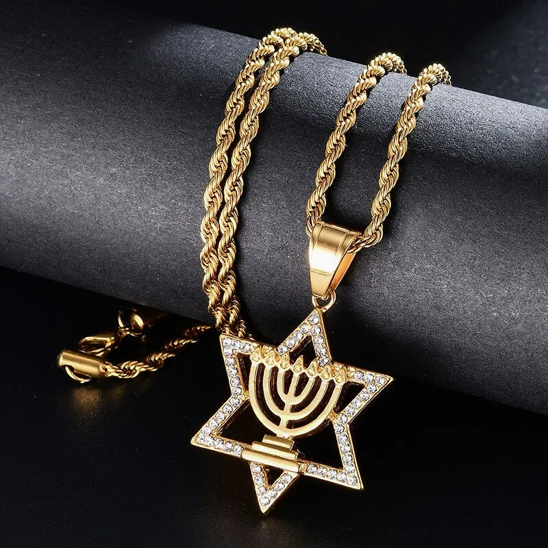 Rhinestone-Studded Star of David Bling Stainless Steel Hip-hop Pendant Necklace