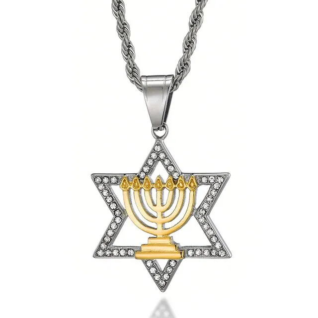 Rhinestone-Studded Star of David Bling Stainless Steel Hip-hop Pendant Necklace