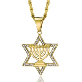 Rhinestone-Studded Star of David Bling Stainless Steel Hip-hop Pendant Necklace