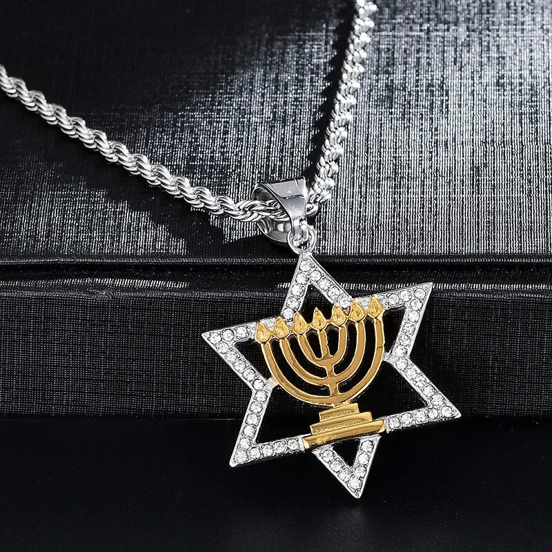 Rhinestone-Studded Star of David Bling Stainless Steel Hip-hop Pendant Necklace