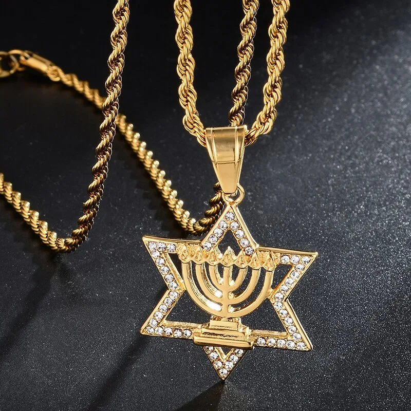 Rhinestone-Studded Star of David Bling Stainless Steel Hip-hop Pendant Necklace