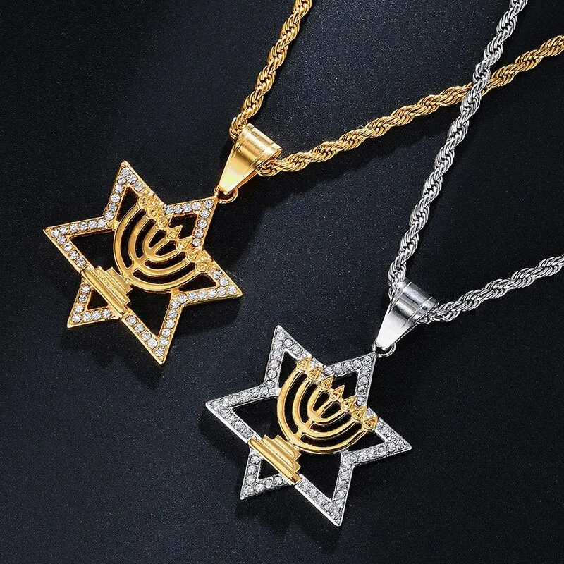 Rhinestone-Studded Star of David Bling Stainless Steel Hip-hop Pendant Necklace