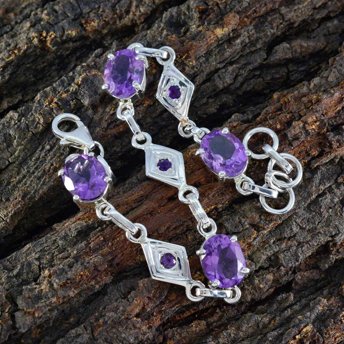 Riyo Bulk 925 Sterling Silver Bracelet For Girl Amethyst Bracelet Prong Setting Bracelet with Fish Link Charm Bracelet L Size 6-8.5 Inch.