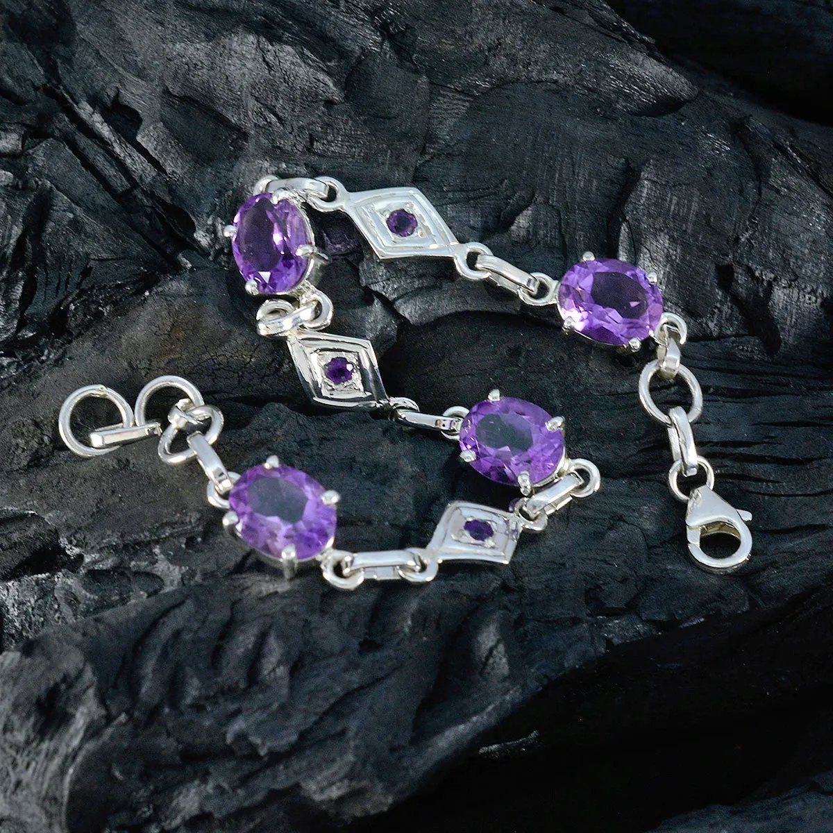 Riyo Bulk 925 Sterling Silver Bracelet For Girl Amethyst Bracelet Prong Setting Bracelet with Fish Link Charm Bracelet L Size 6-8.5 Inch.