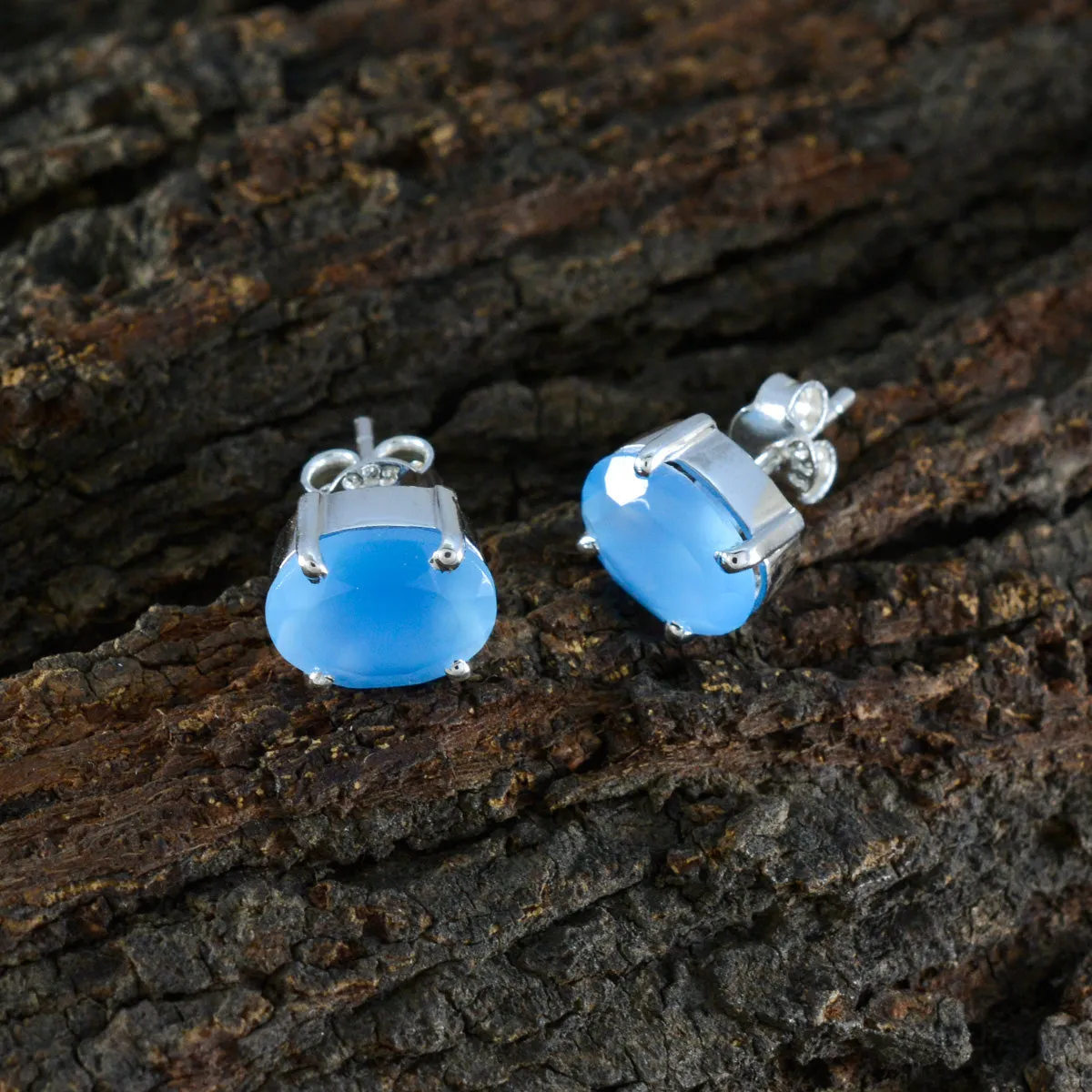 Riyo Easy On The Eye Sterling Silver Earring For Girl Blue Chalcedony Earring Bezel Setting Blue Earring Stud Earring