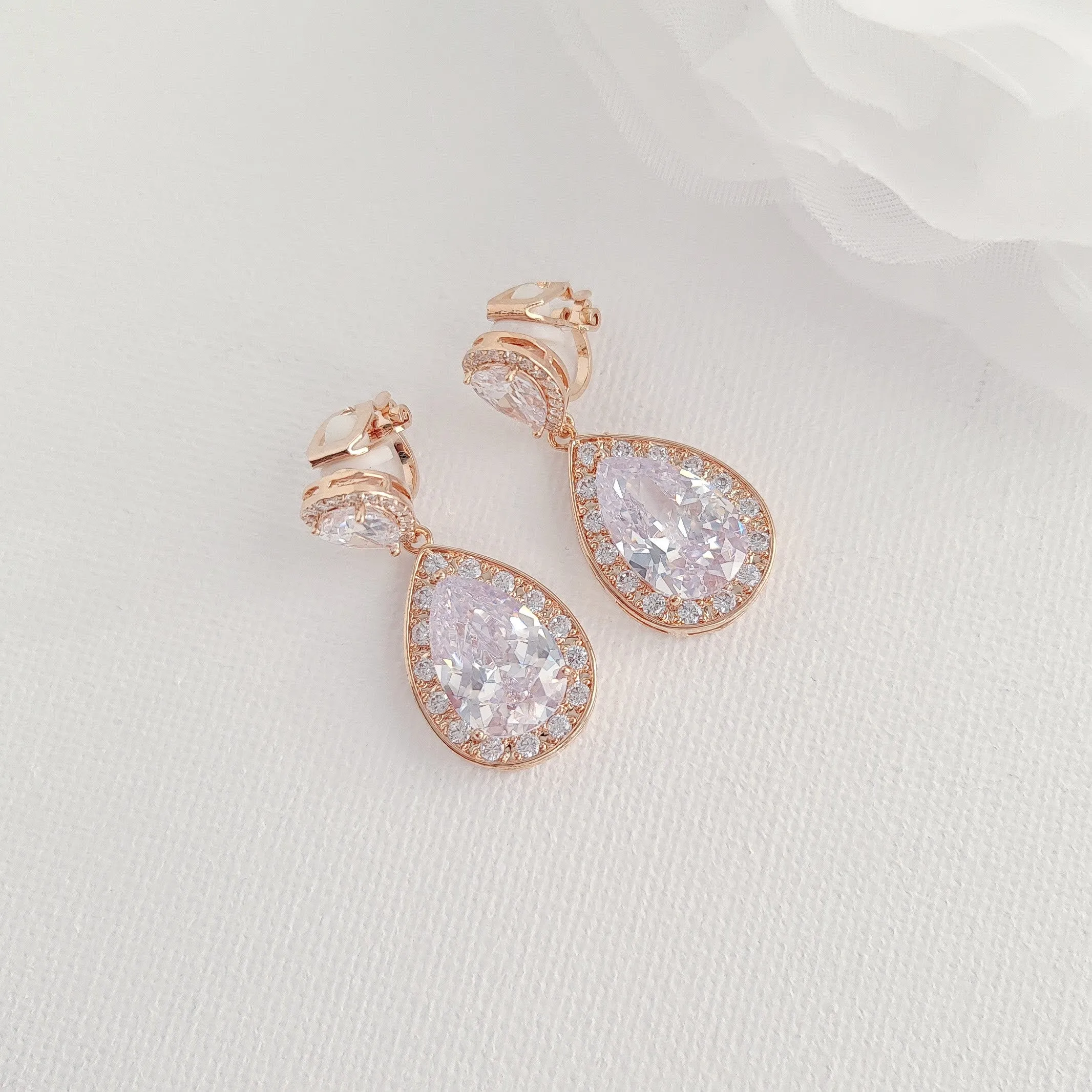 Rose Gold Wedding Earrings with Clip On-Evelyn