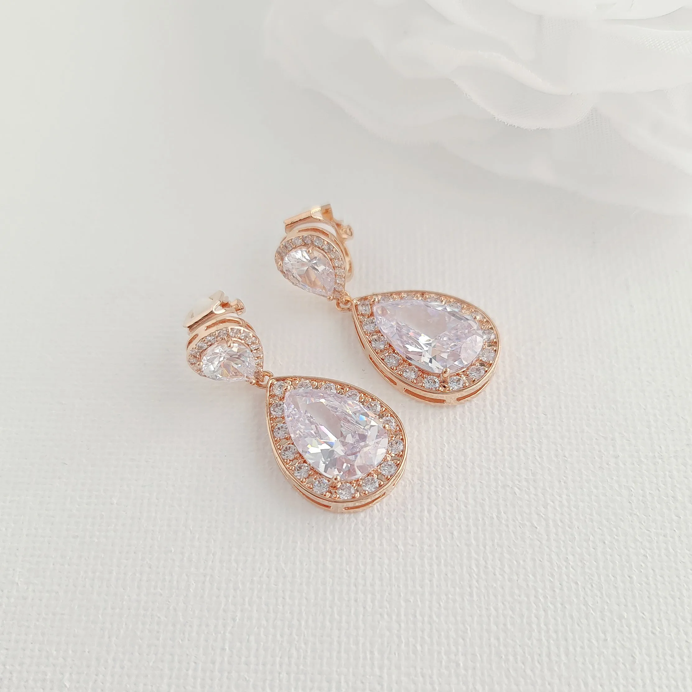 Rose Gold Wedding Earrings with Clip On-Evelyn