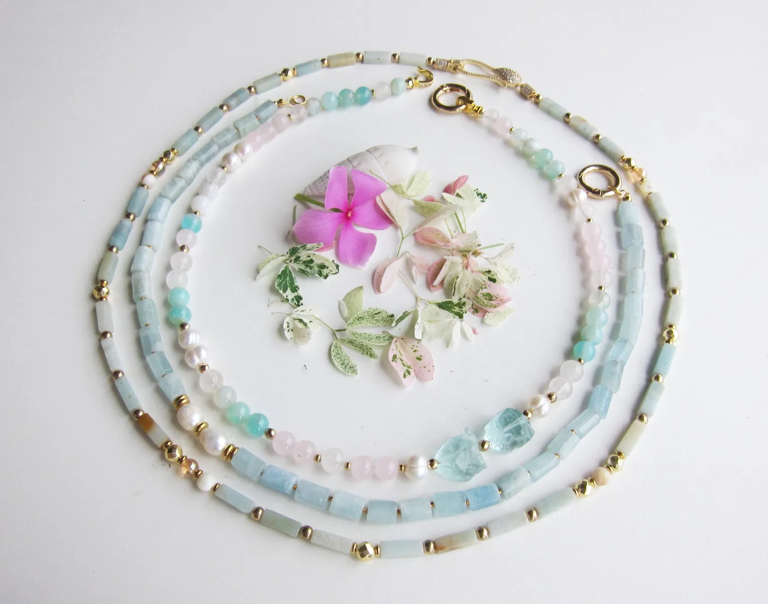 Rose Quartz, Freshwater Pearl, Blue Quartz Beaded Necklace