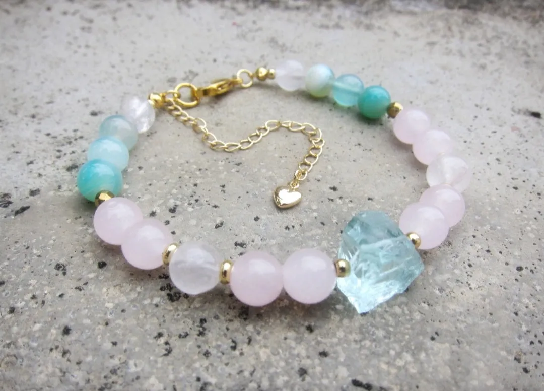 Rose Quartz, Freshwater Pearl, Blue Quartz Beaded Necklace