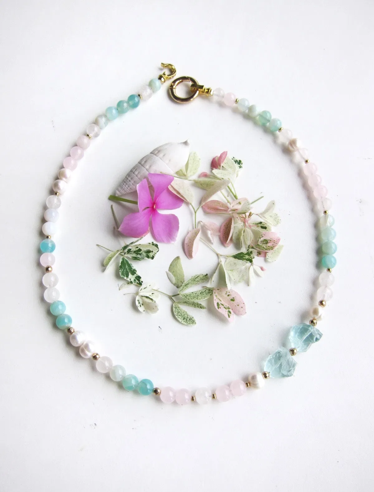 Rose Quartz, Freshwater Pearl, Blue Quartz Beaded Necklace