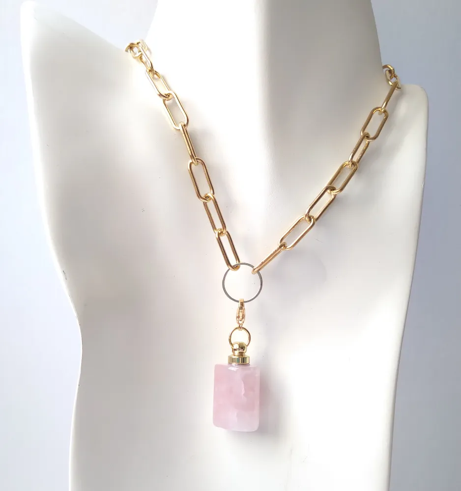 Roseanne Necklace with Square Rose Quartz Essential Oil Bottle