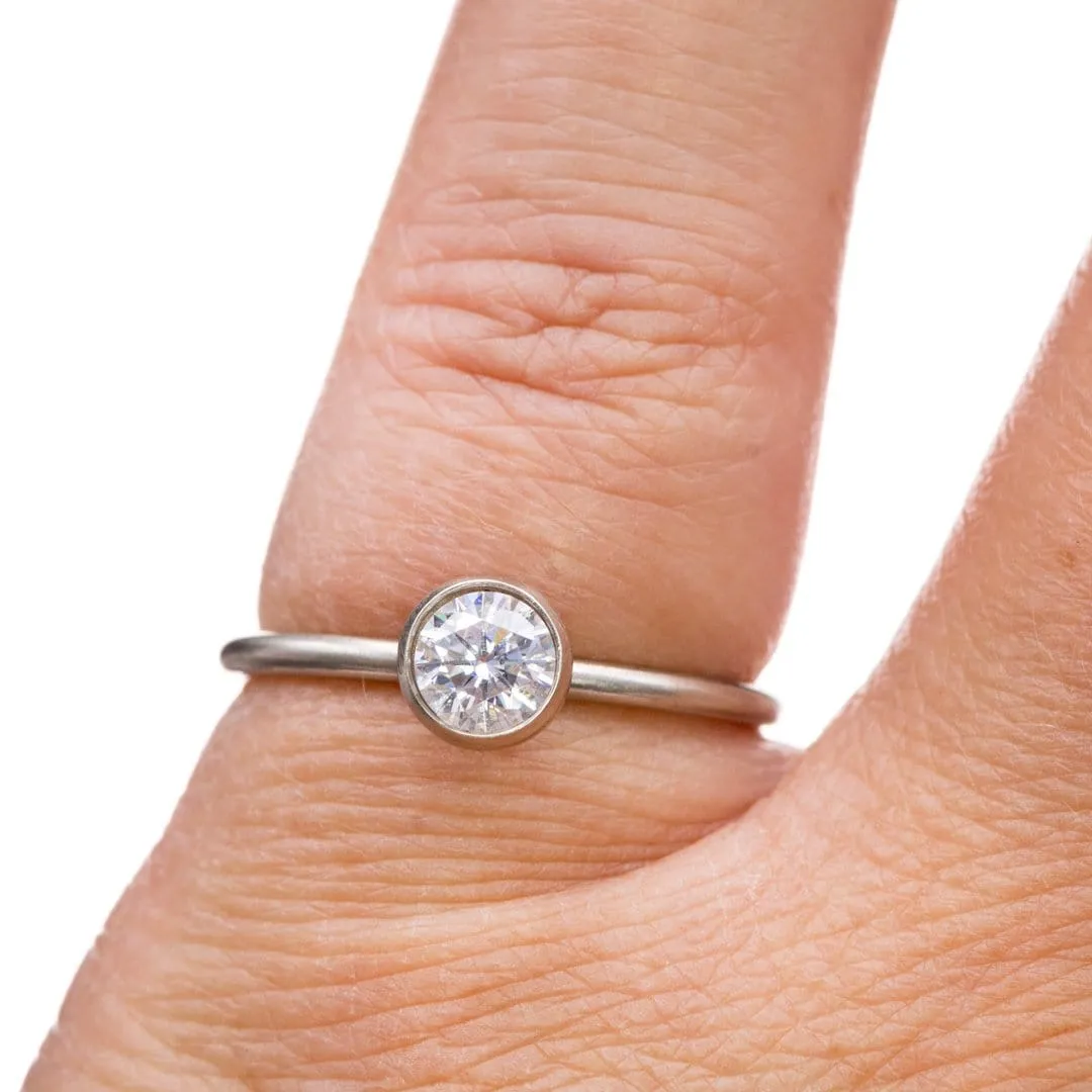 Round Moissanite or Lab Diamond Martini Bezel Skinny Stacking Solitaire Ring