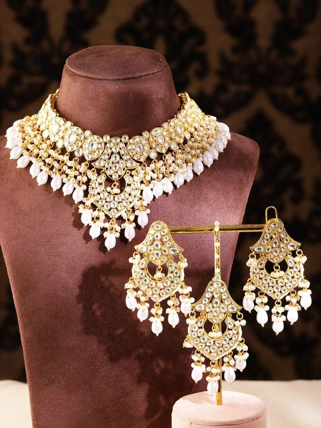 Rubans Gold-Plated White Stone Studded & Beaded Jewellery Set