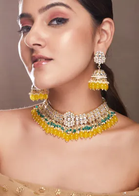 Rubans Gold Plated Yellow Colour Kundan Choker Set With Yellow And Green.