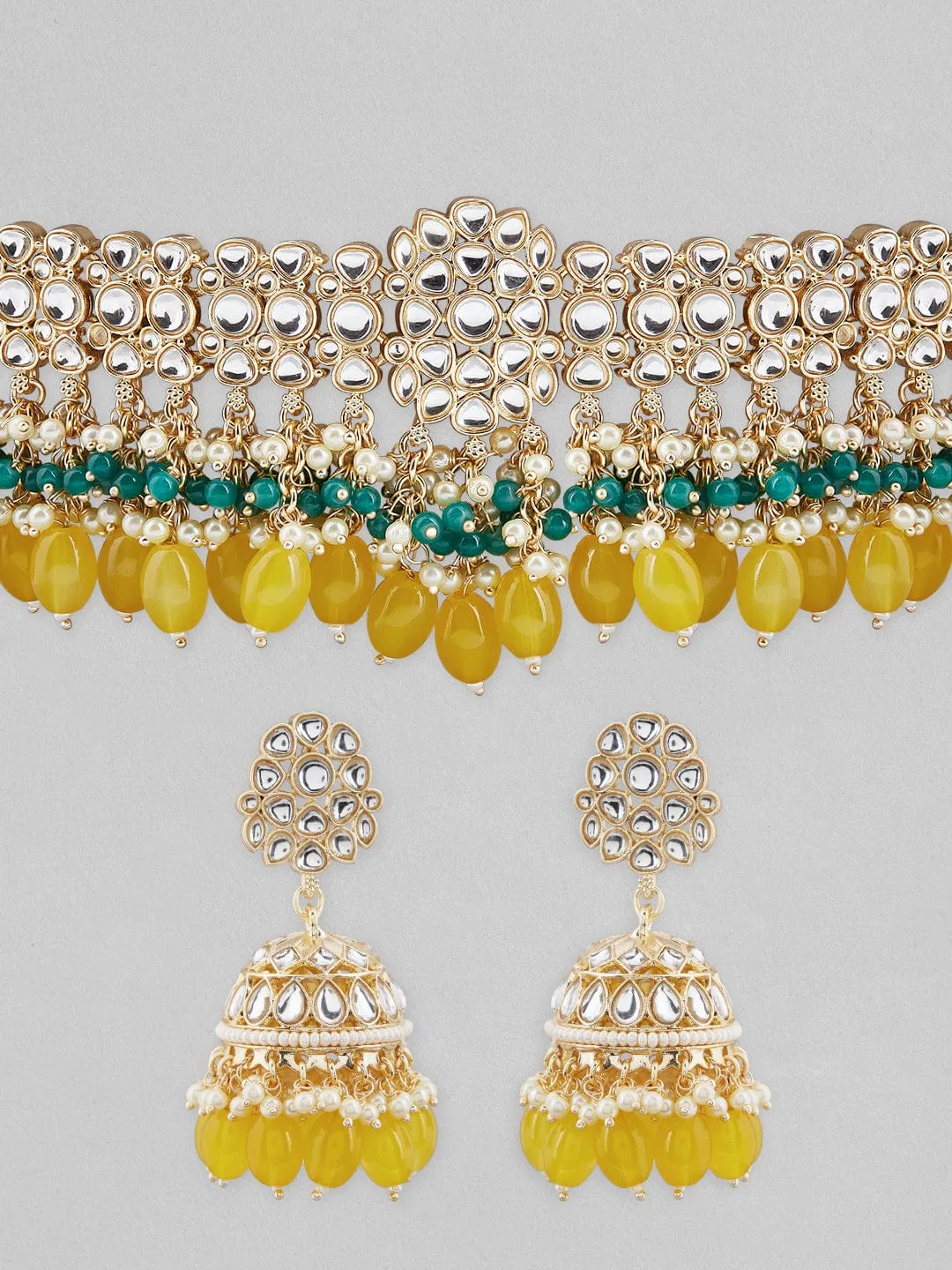 Rubans Gold Plated Yellow Colour Kundan Choker Set With Yellow And Green.