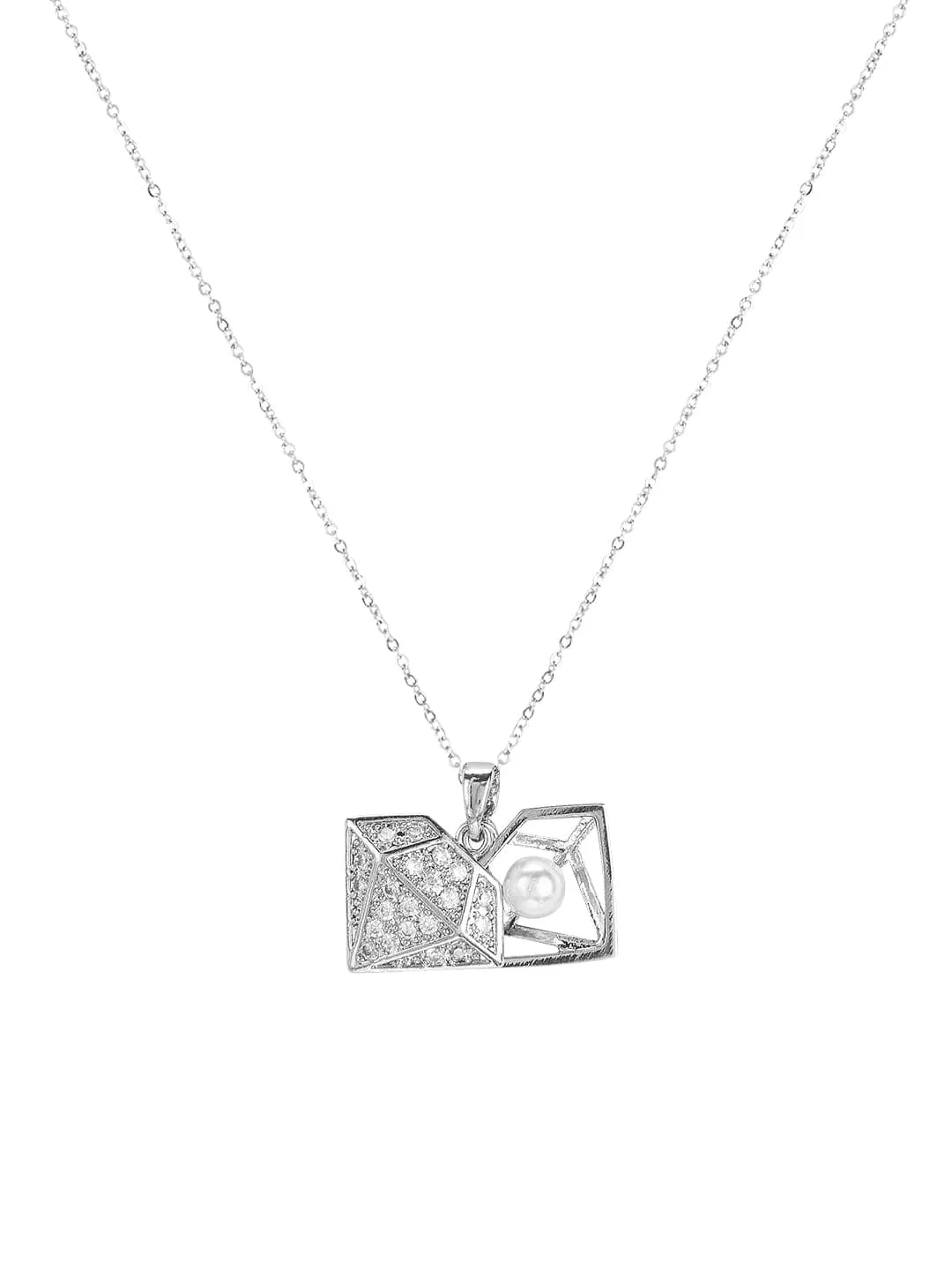 Rubans Voguish Rhodium Plated Stainless Steel Waterproof Chain With Zircon Stone Setting And Pearl Detail Pendant.