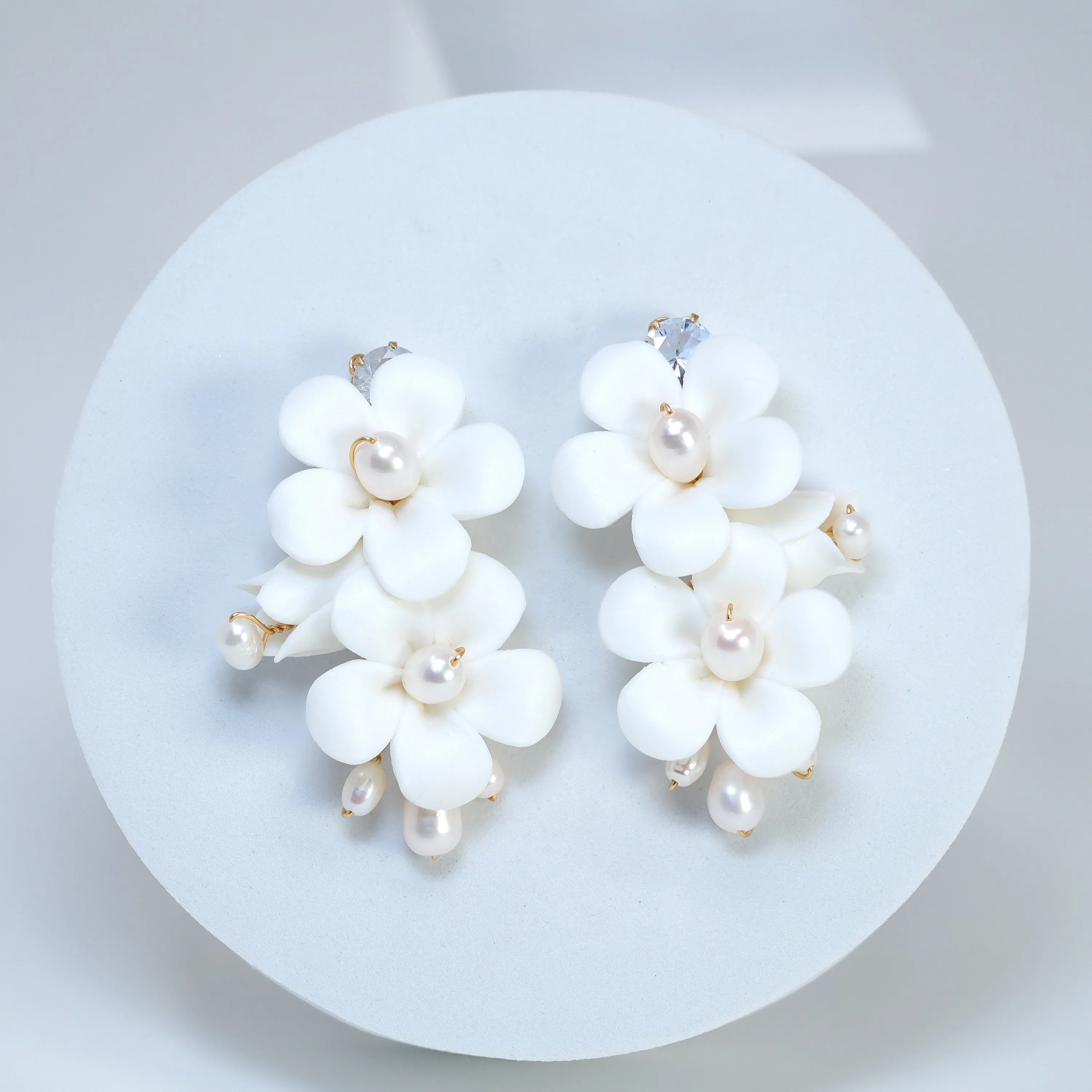 Set Of 3 Natural Pearl Ray Of Shine Porcelain Hair Pins, Ceramic White Flower Long Bridal Earrings Statement Earrings Cz