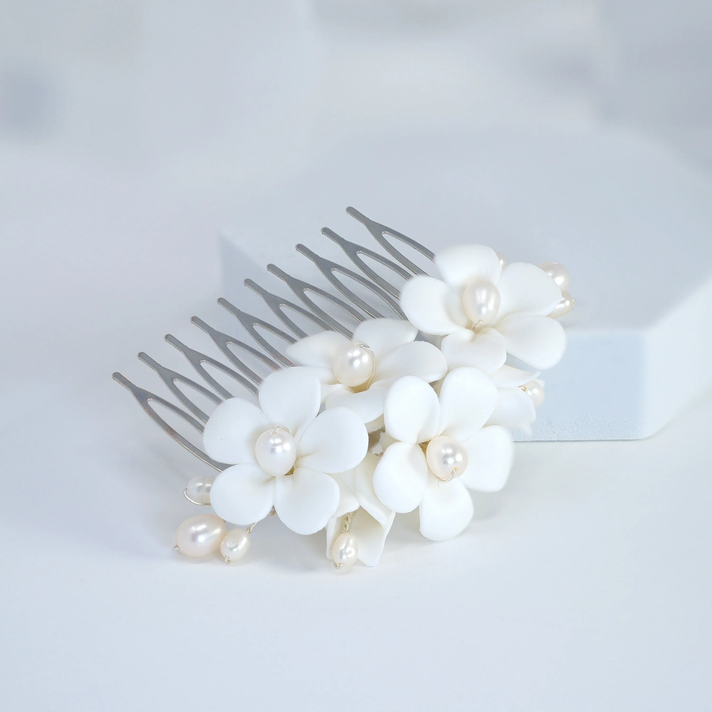 Set Of 3 Natural Pearl Ray Of Shine Porcelain Hair Pins, Ceramic White Flower Long Bridal Earrings Statement Earrings Cz