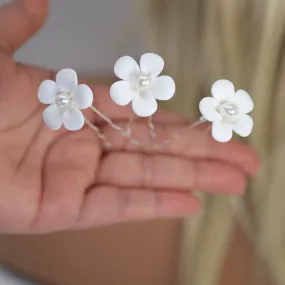 Set Of 3 Natural Pearl Ray Of Shine Porcelain Hair Pins, Ceramic White Flower Long Bridal Earrings Statement Earrings Cz