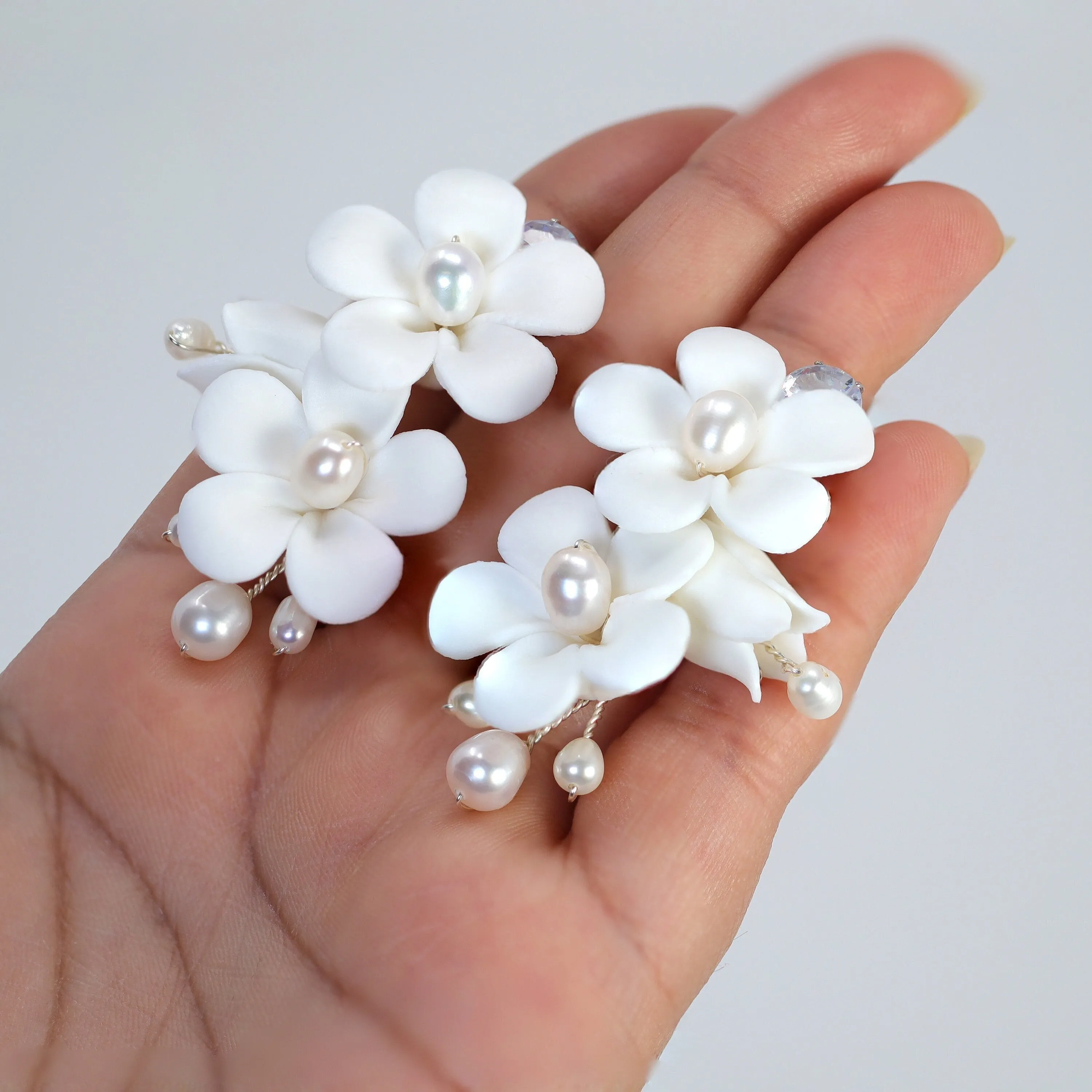 Set Of 3 Natural Pearl Ray Of Shine Porcelain Hair Pins, Ceramic White Flower Long Bridal Earrings Statement Earrings Cz