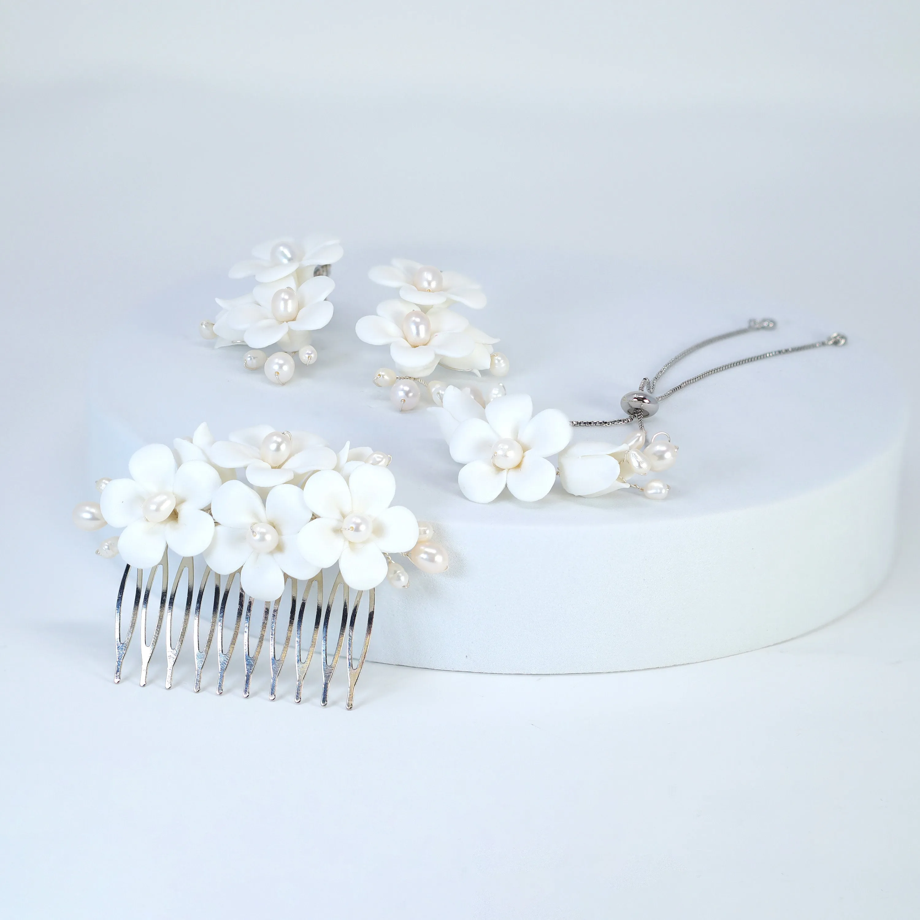 Set Of 3 Natural Pearl Ray Of Shine Porcelain Hair Pins, Ceramic White Flower Long Bridal Earrings Statement Earrings Cz