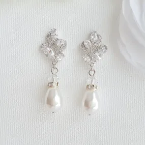 Silver Bridal Earrings With Pearl Drops-Wavy