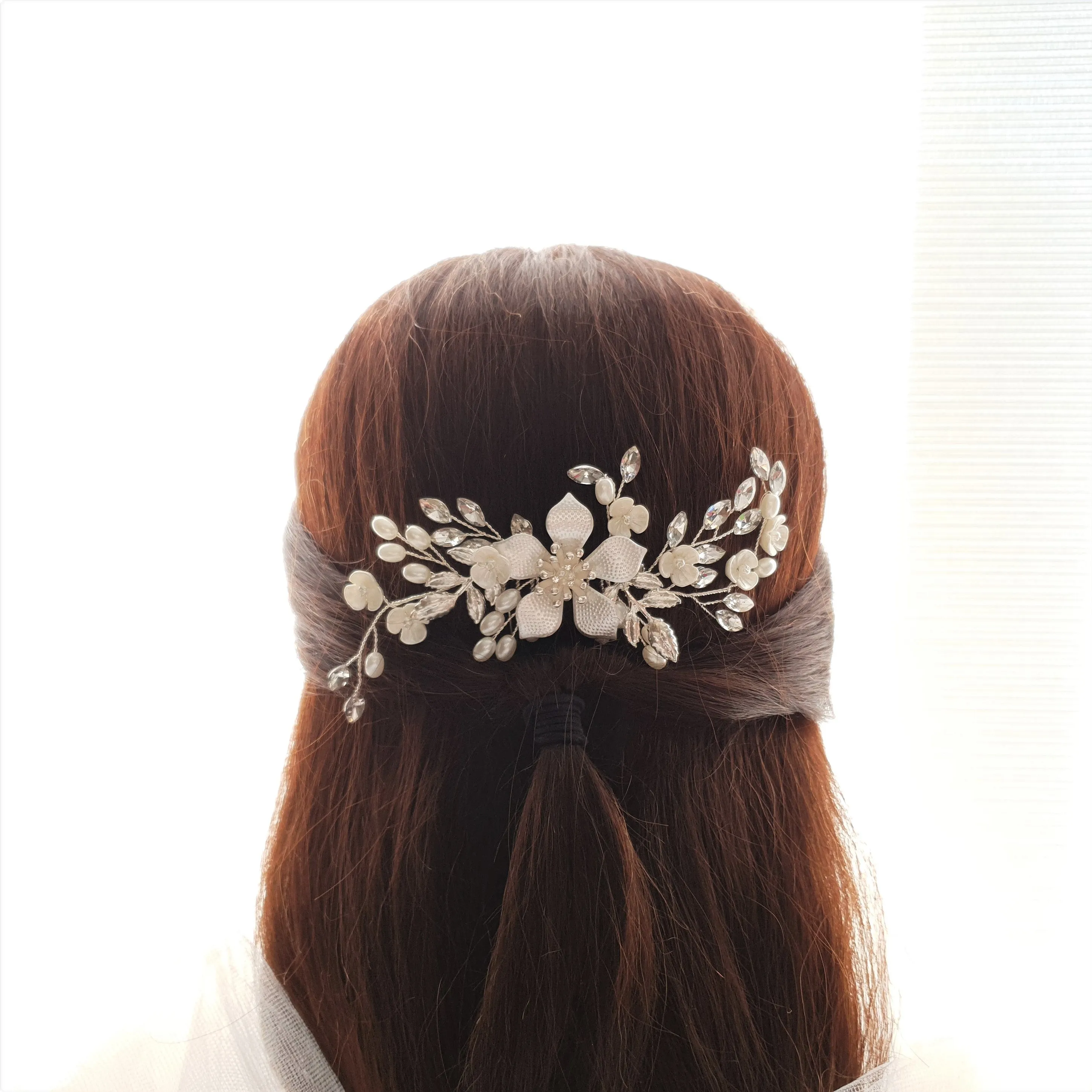 Silver Flower Wedding Hair Piece-Freya