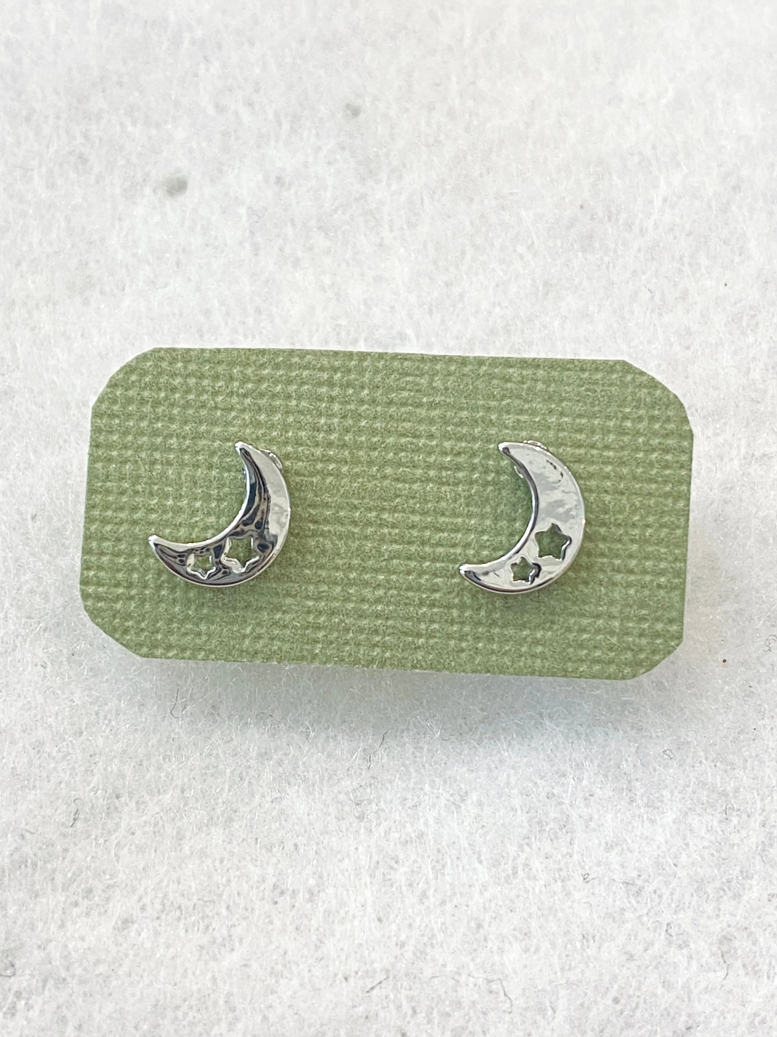 Silver Moon w/ Die-cut Stars Design Stud Earrings