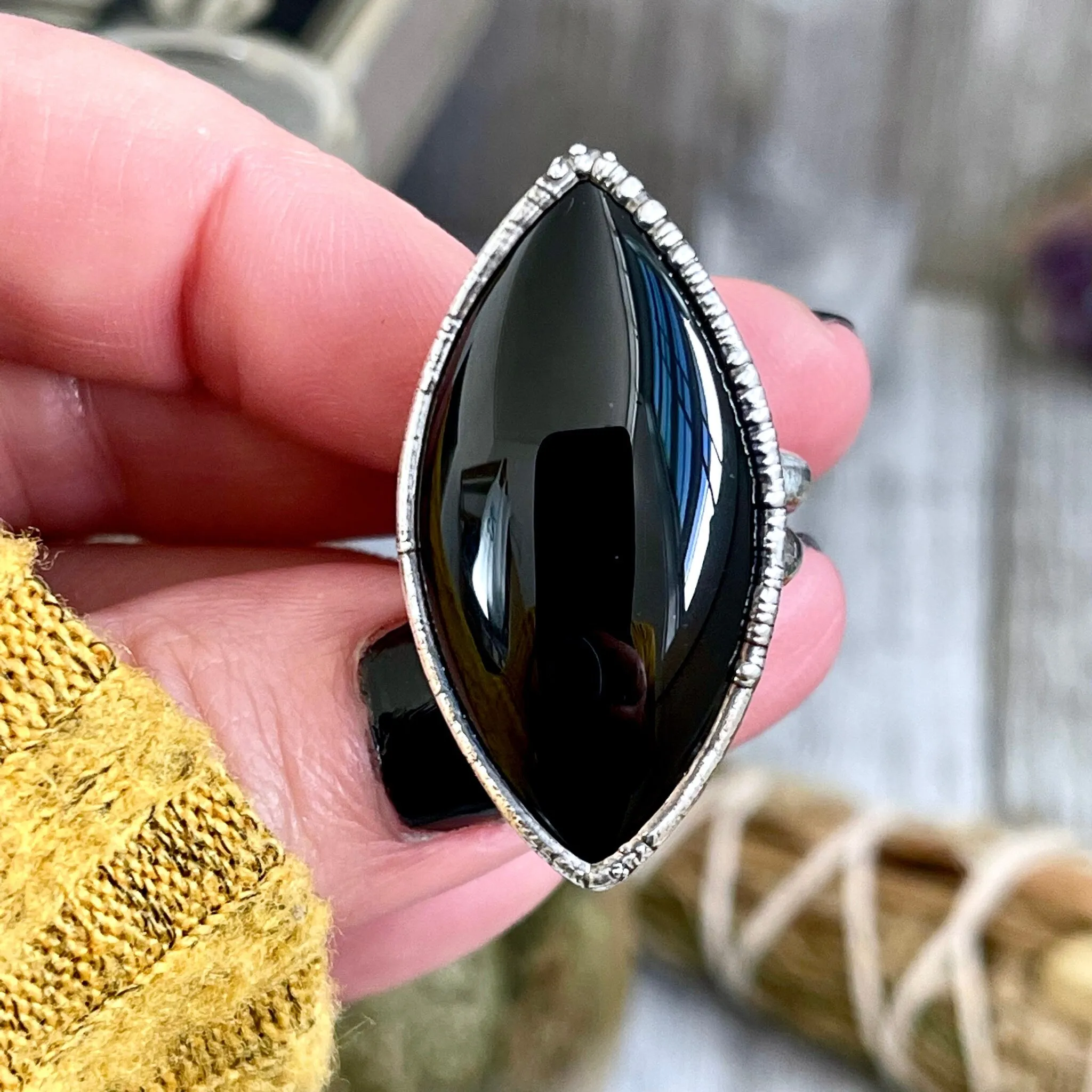 Size 5.5 Natural Black Onyx Ring in Fine Silver /  Large Crystal Ring  - Black Stone Ring - Silver Crystal Ring - Bohemian Jewelry