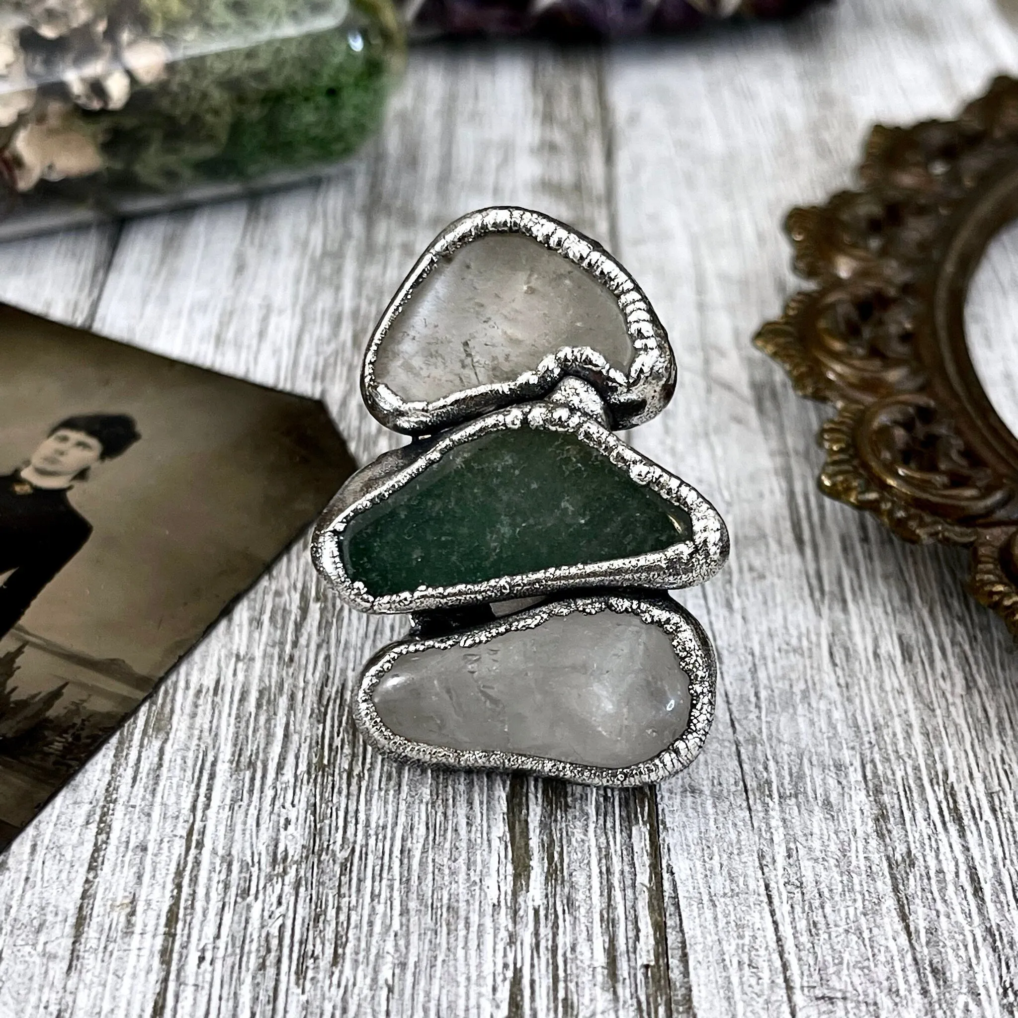 Size 7 Crystal Ring - Three Stone Clear Quartz Green Aventurine Ring in Silver / Foxlark Collection - One of a Kind