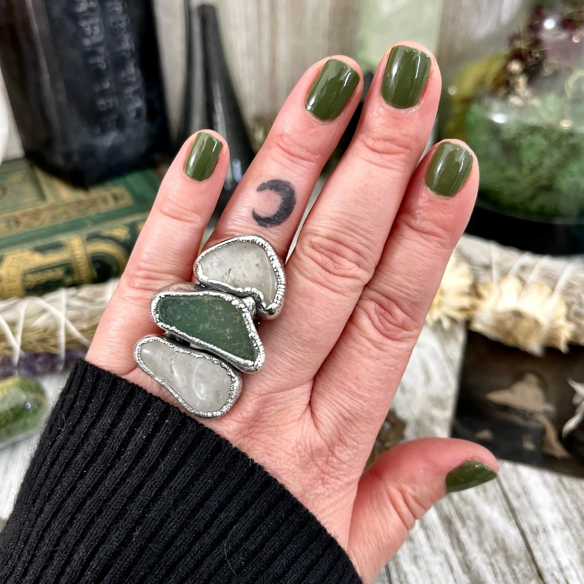 Size 7 Crystal Ring - Three Stone Clear Quartz Green Aventurine Ring in Silver / Foxlark Collection - One of a Kind